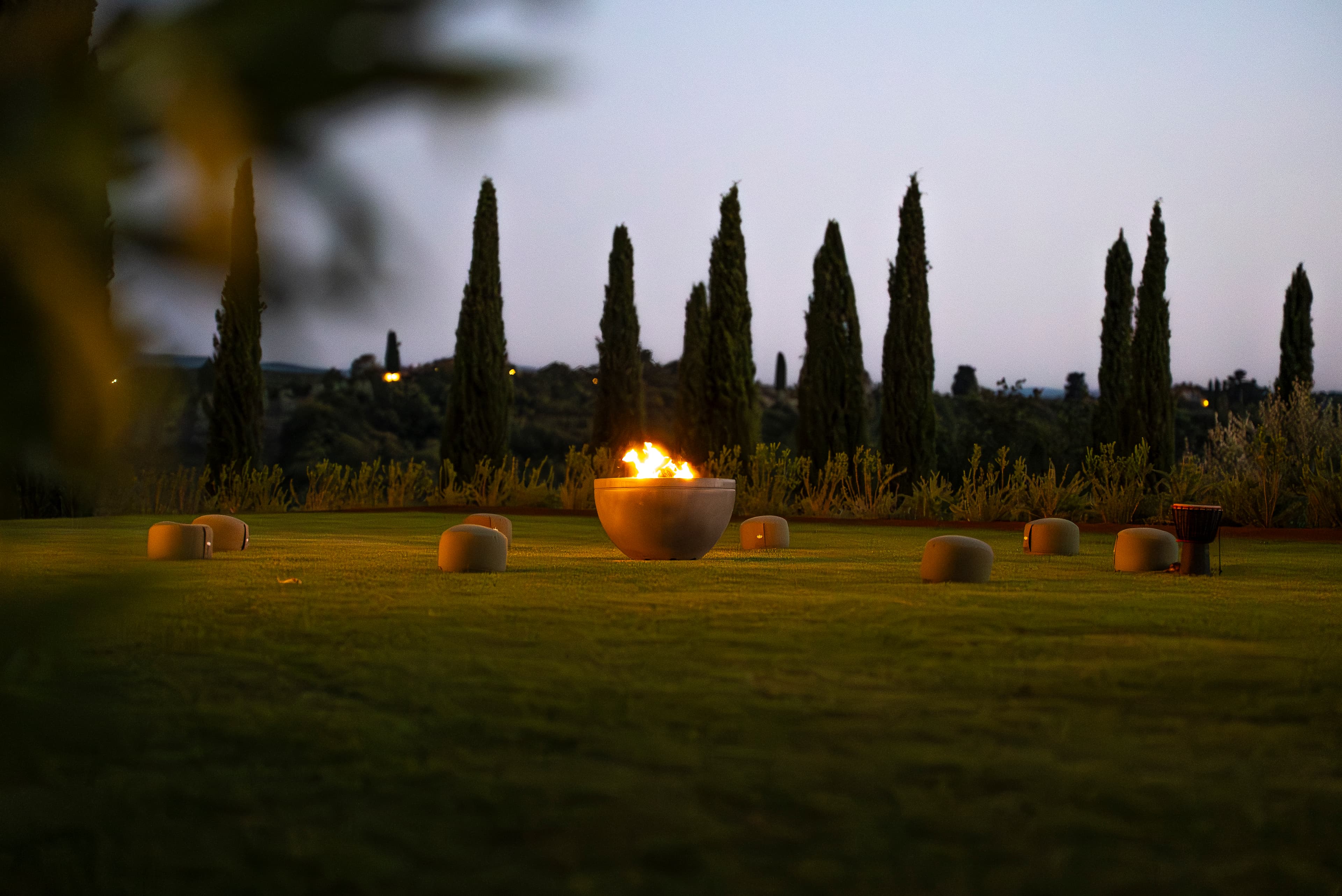 Fire pit gathering area at dusk