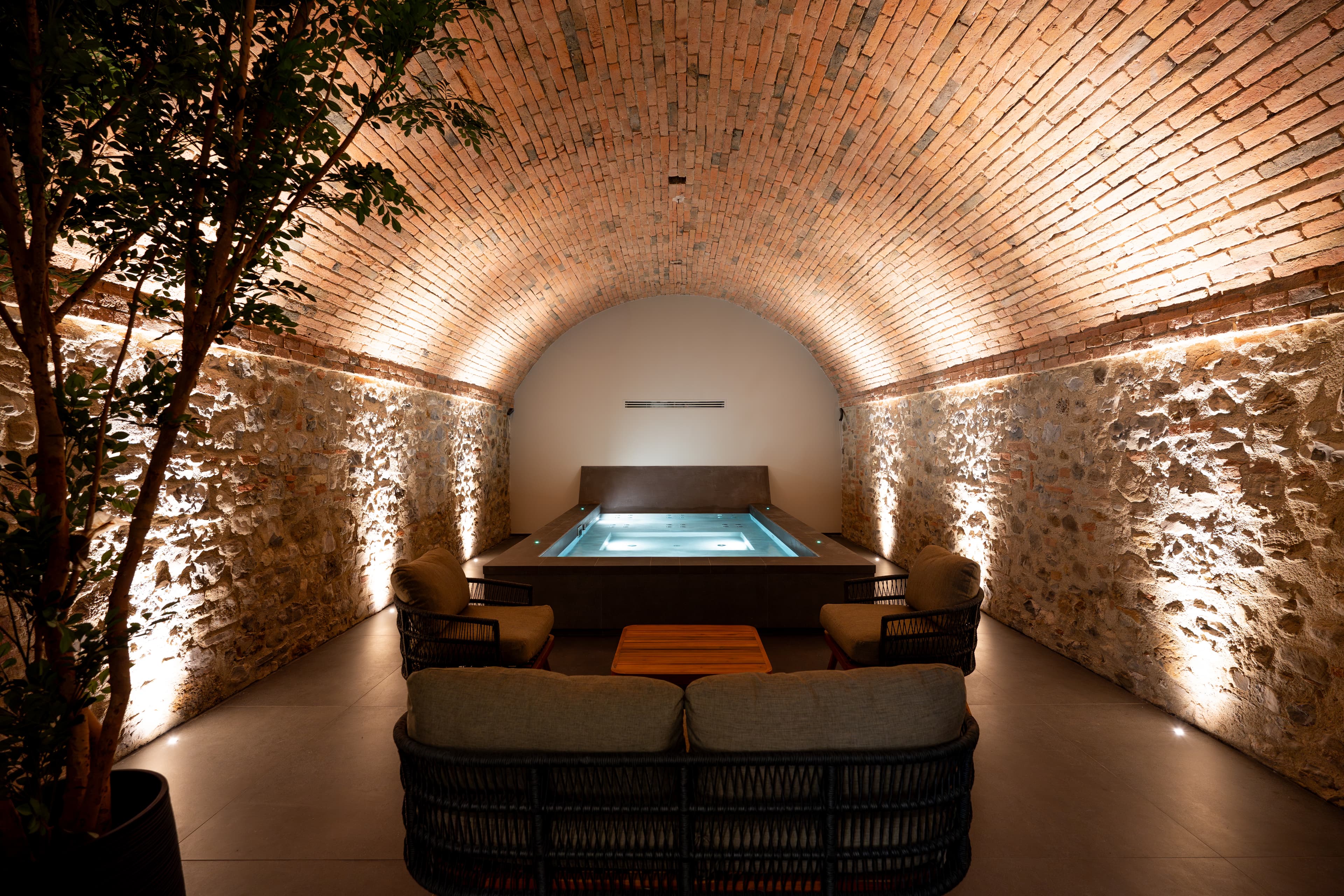Arched stone cellar spa with plunge pool